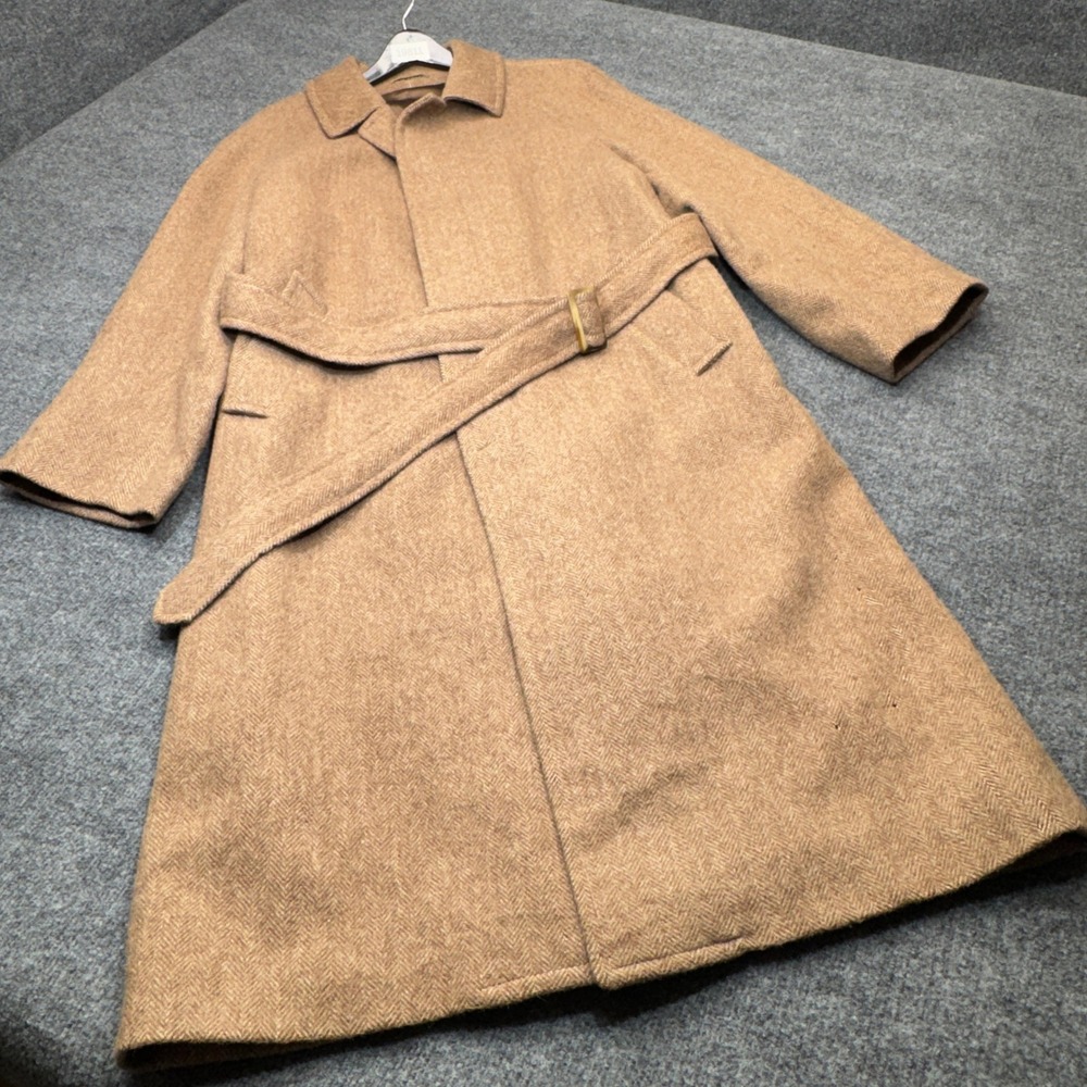 Vintage Luigi Cardini Tweed Coat Mens 40 Long Brown Herringbone Trench Italy